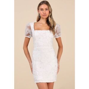 Lulus Tarabya White 3D Floral Beaded Puff Sleeve Tulle-Mesh Mini Dress Medium